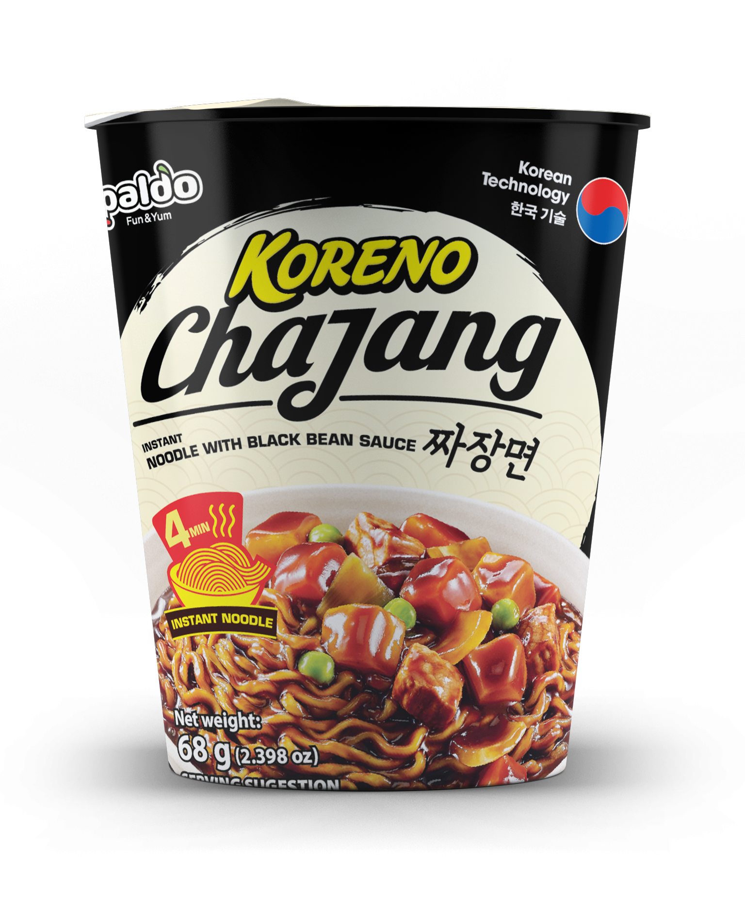 Paldo Koreno Black Bean Sauce (Chajang) Instant Noodle Cup, 65g, 24 Pack