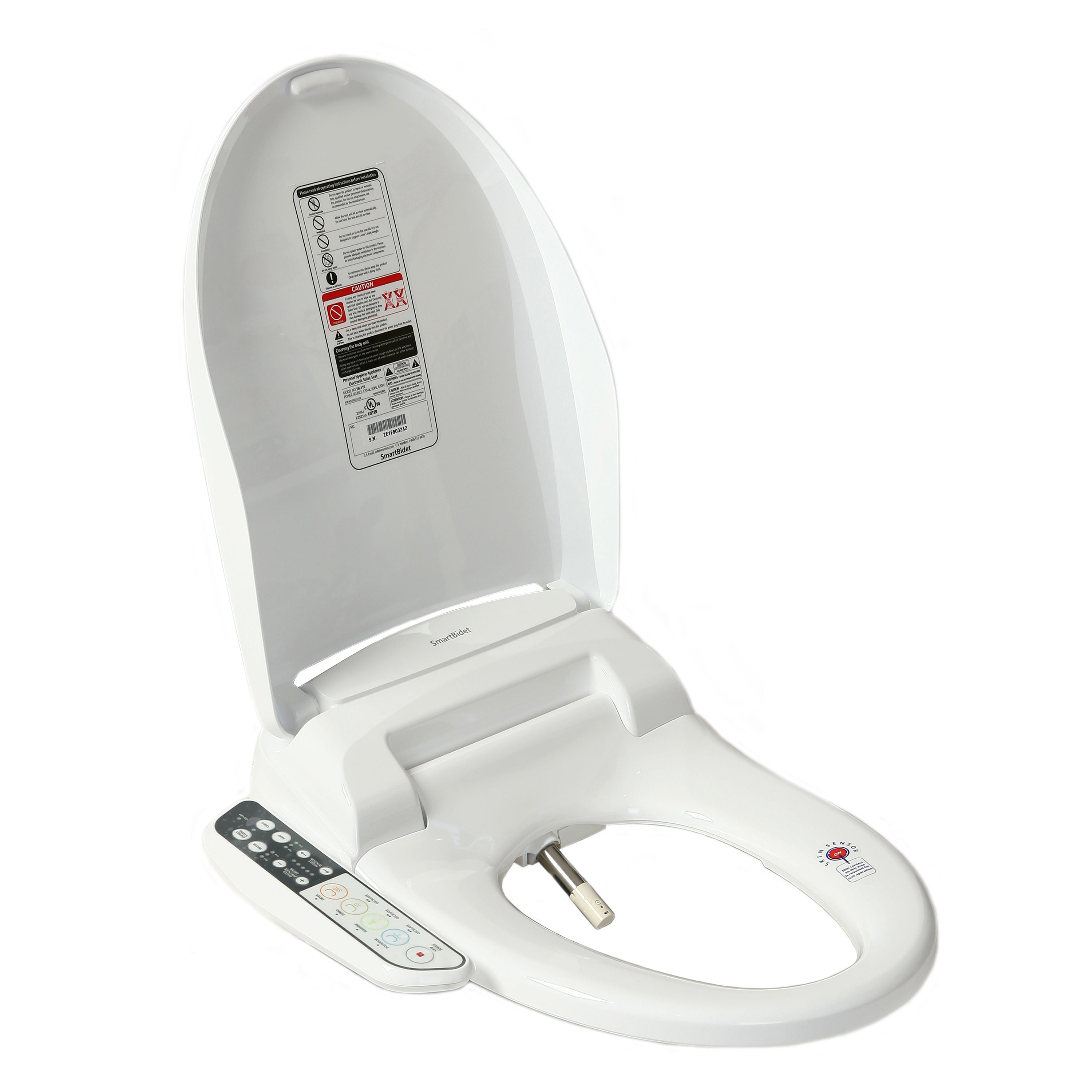 SmartBidet SB-110 Electric Bidet Seat for Most Elongated Toilets with Control Panel, Stainless Steel Nozzle with Removable Nozzle Cap, Child Wash Function, Slim and Strong Design in White