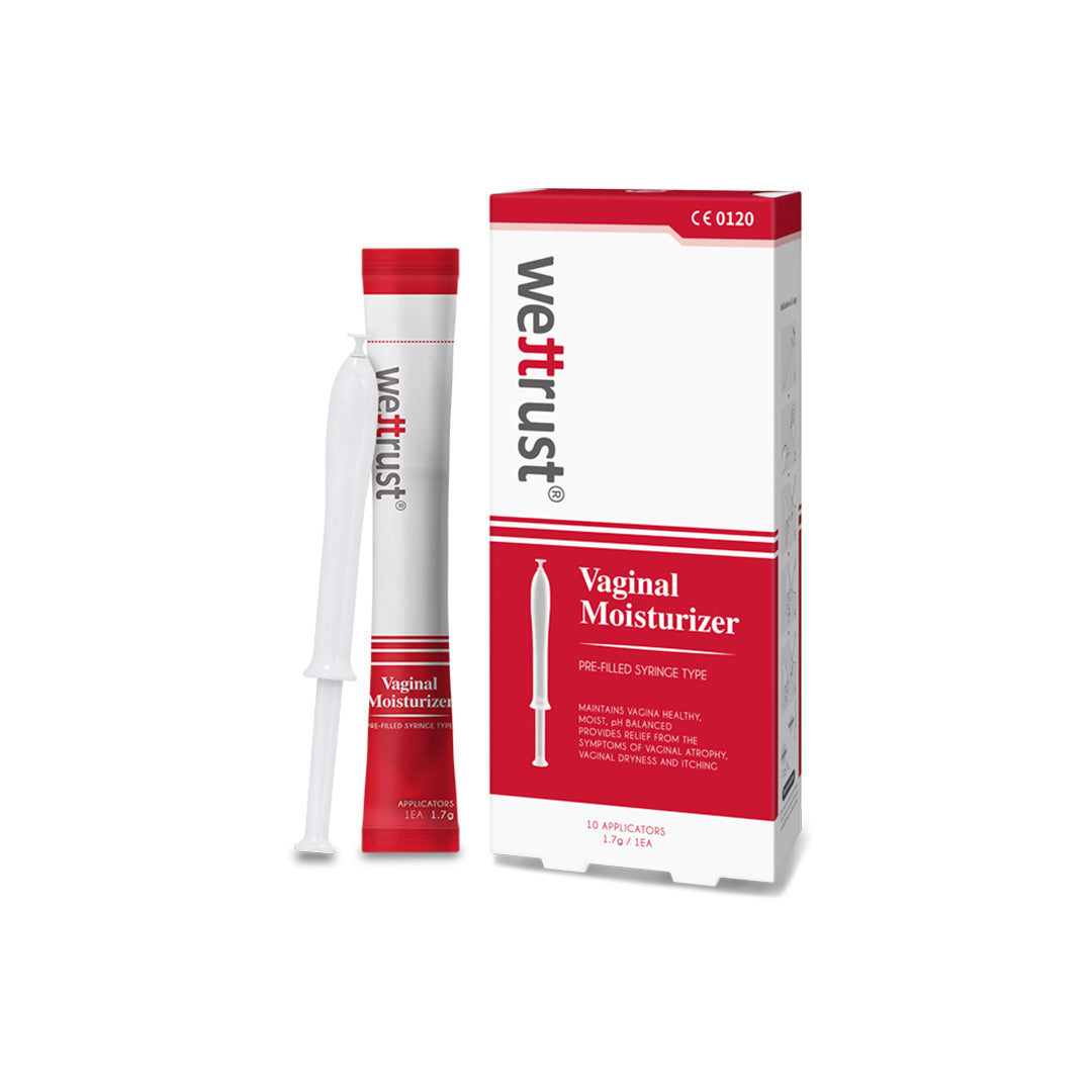disposable syringe type vaginal moisturizer WETTRUST VM  providing relief from the symptoms of menopausal and post-menopausal vaginal dryness and also supporting natural lubrication
